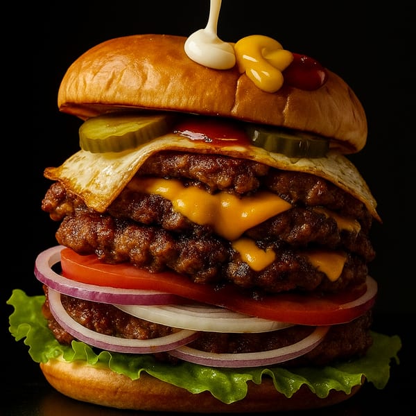 A towering Home Run Burger with multiple patties, cheese, egg, pickles, onions, and sauces on a dark background.