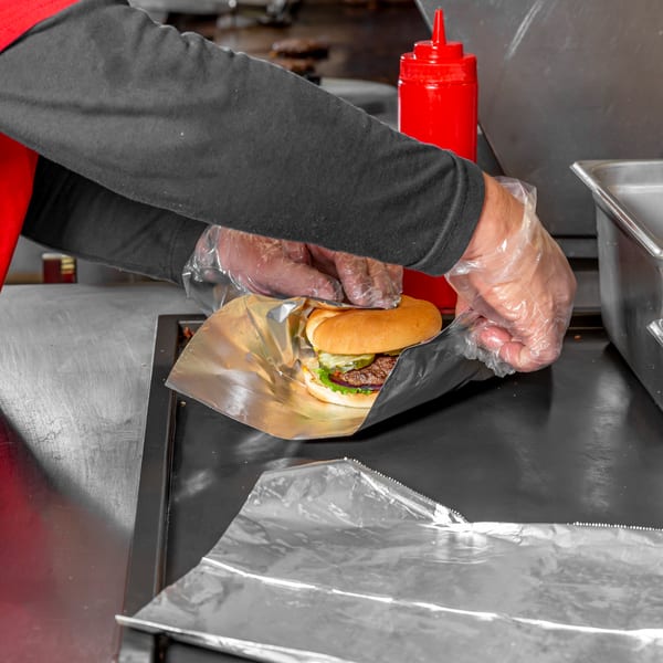 Gloved hands wrapping a Home Run Burger with pickles, lettuce, and onion in foil.
