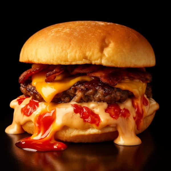 Home Run Burger with two patties, melted cheese, bacon, and dripping sauce on a dark background.